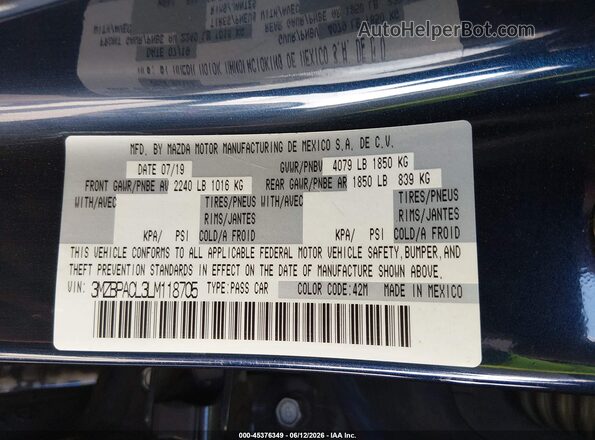 3MZBPACL3LM118705 2020 MAZDA 3 Blue Vista del compartimento del motor