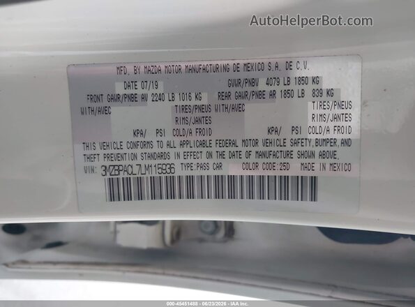 3MZBPACL7LM115936 2020 MAZDA 3 White Вид підкапотного простору