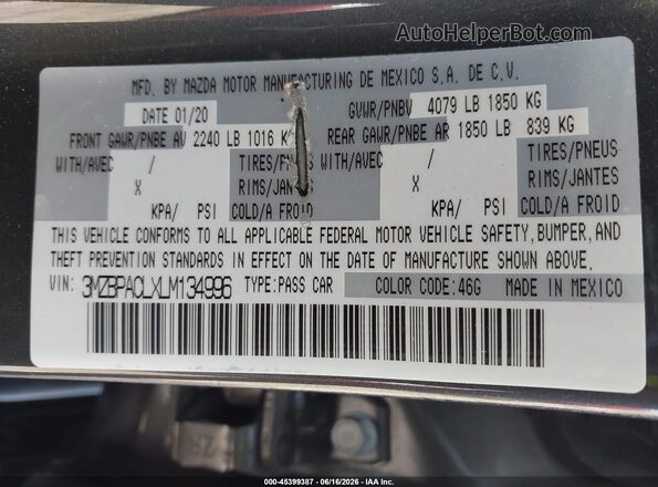 3MZBPACLXLM134996 2020 MAZDA 3 Gray Vista del compartimento del motor