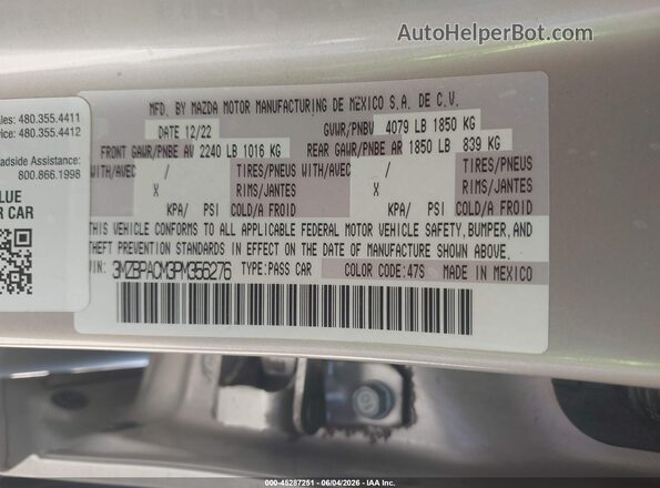 3MZBPACM3PM356276 2023 MAZDA 3 Silver 