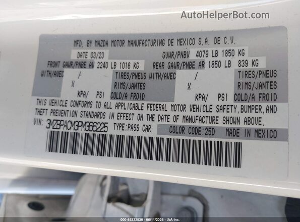 3MZBPACM3PM366225 2023 MAZDA 3 White Widok komory silnika