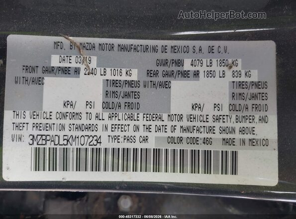 3MZBPADL5KM107234 2019 MAZDA 3 Gray Вид підкапотного простору