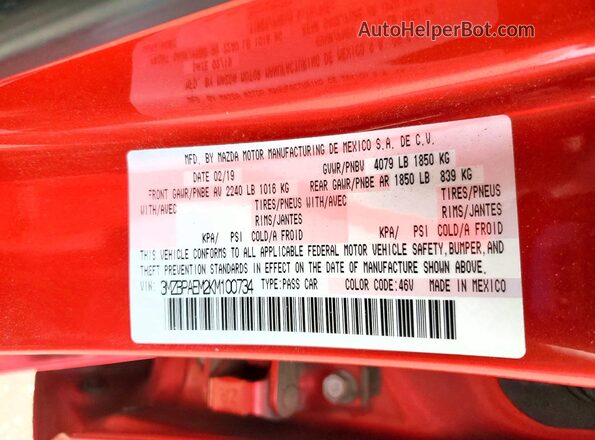 3MZBPAEM2KM100734 2019 MAZDA 3 Red VIN կոդի պիտակի տեսք