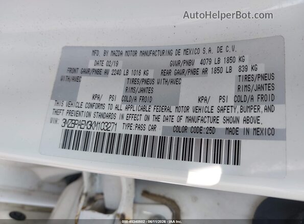 3MZBPAEM3KM103271 2019 MAZDA 3 White Շարժիչի բաժամունքի տեսք