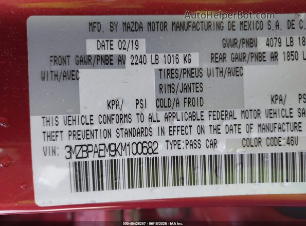 3MZBPAEM9KM100682 2019 MAZDA 3 Red Вид підкапотного простору