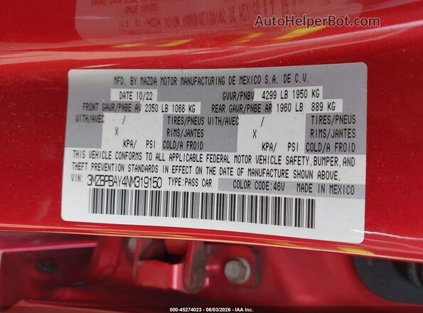 3MZBPBAY4NM319150 2022 MAZDA 3 Red Շարժիչի բաժամունքի տեսք