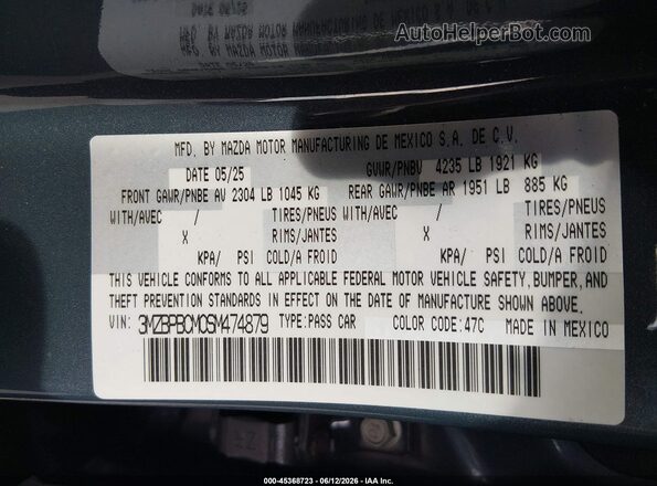 3MZBPBCM0SM474879 2025 MAZDA 3 Gray Vista del compartimento del motor