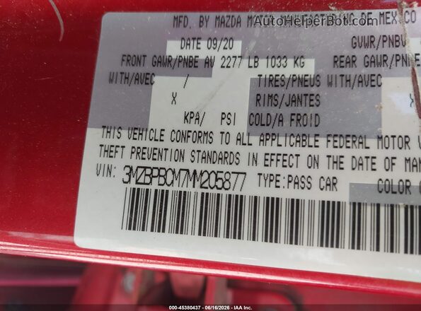3MZBPBCM7MM205877 2021 MAZDA 3 Red Вид підкапотного простору