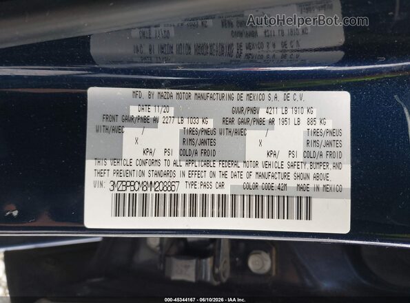 3MZBPBCM8MM208867 2021 MAZDA 3 Dark Blue Вид подкапотного пространства