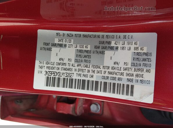 3MZBPBDM3LM132827 2020 MAZDA 3 Red Vista del compartimento del motor