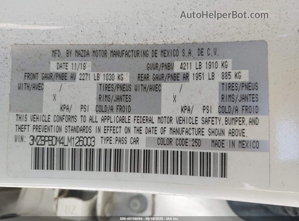 3MZBPBDM4LM126003 2020 MAZDA 3 White Vista del compartimento del motor