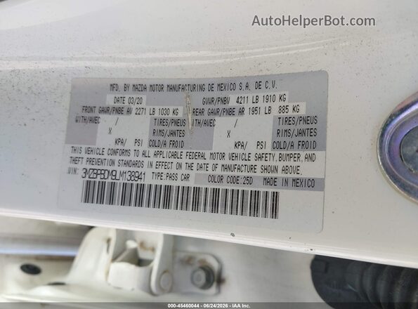 3MZBPBDM9LM138941 2020 MAZDA 3 Белый Вид подкапотного пространства
