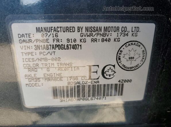 3N1AB7AP0GL674071 2016 NISSAN SENTRA Teal 
