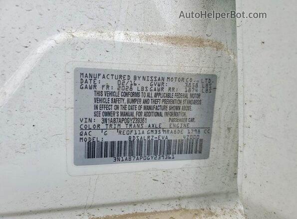 3N1AB7AP0GY239361 2016 NISSAN SENTRA Белый 