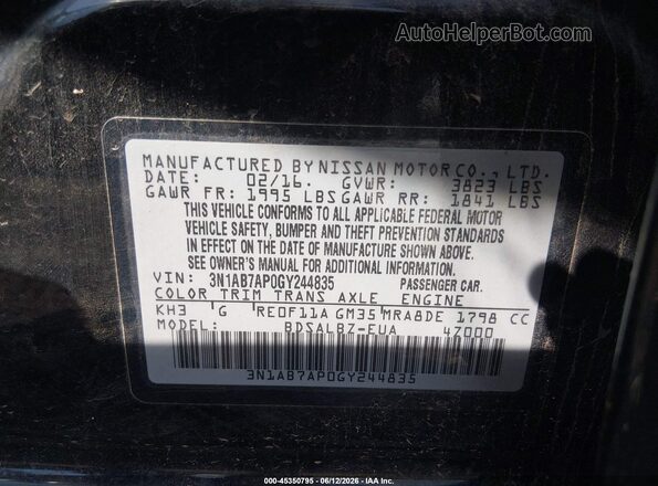 3N1AB7AP0GY244835 2016 NISSAN SENTRA Черный Вид подкапотного пространства