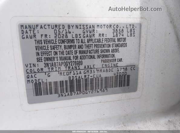 3N1AB7AP0GY276989 2016 NISSAN SENTRA Белый Вид подкапотного пространства