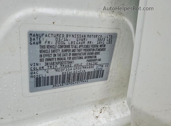 3N1AB7AP0GY279441 2016 NISSAN SENTRA Белый Вид наклейки с VIN-кодом
