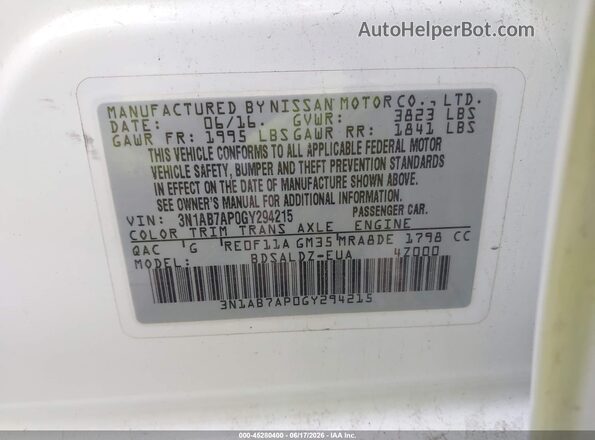 3N1AB7AP0GY294215 2016 NISSAN SENTRA White 