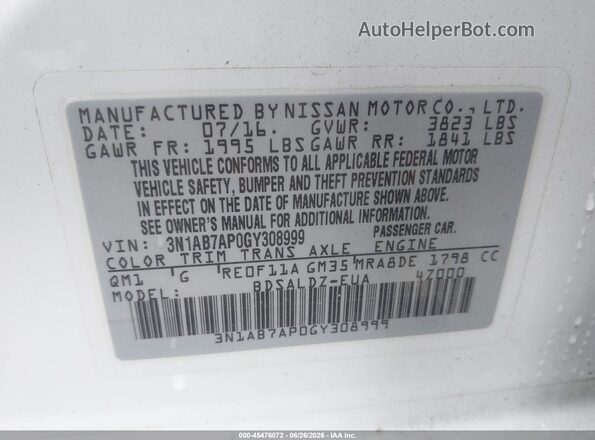 3N1AB7AP0GY308999 2016 NISSAN SENTRA White Вид підкапотного простору
