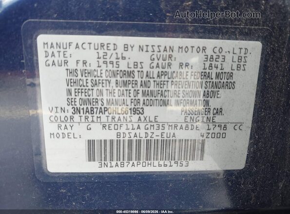 3N1AB7AP0HL661953 2017 NISSAN SENTRA Синий Вид подкапотного пространства
