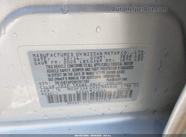 3N1AB7AP0HY241760 2017 NISSAN SENTRA Silver Vista del compartimento del motor