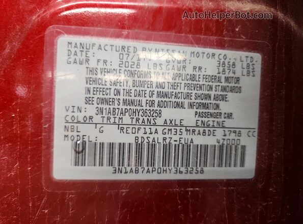 3N1AB7AP0HY363258 2017 NISSAN SENTRA Red Engine compartment view