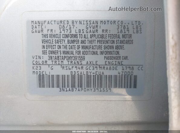 3N1AB7AP0HY391559 2017 NISSAN SENTRA Silver Vista del compartimento del motor