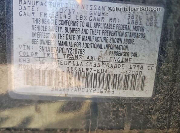 3N1AB7AP0JY216783 2018 NISSAN SENTRA Black Vista de la etiqueta del VIN