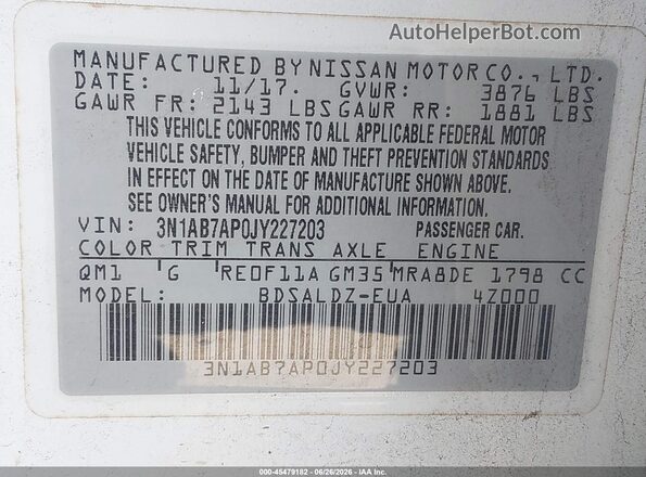 3N1AB7AP0JY227203 2018 NISSAN SENTRA White Շարժիչի բաժամունքի տեսք