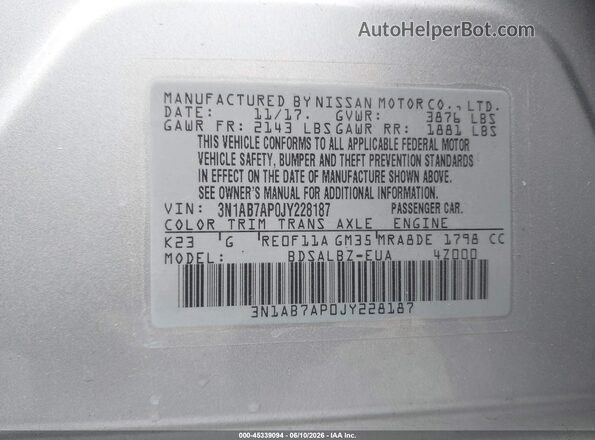3N1AB7AP0JY228187 2018 NISSAN SENTRA Gray Vista del compartimento del motor