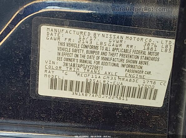 3N1AB7AP0JY229811 2018 NISSAN SENTRA Blue Widok komory silnika
