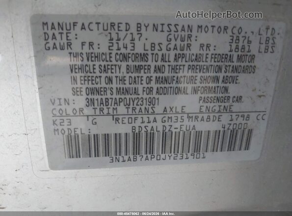 3N1AB7AP0JY231901 2018 NISSAN SENTRA Silver Vista del compartimento del motor
