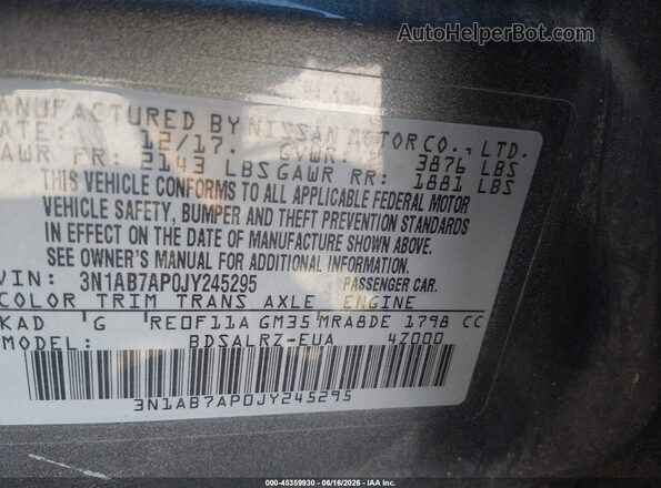 3N1AB7AP0JY245295 2018 NISSAN SENTRA Gray Вид підкапотного простору