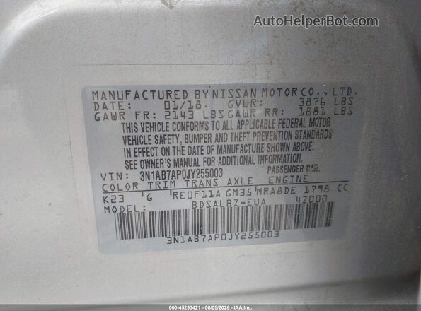 3N1AB7AP0JY255003 2018 NISSAN SENTRA Серебряный Вид подкапотного пространства