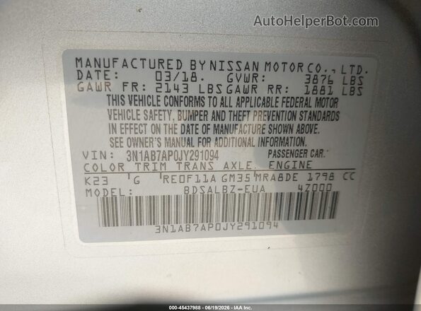 3N1AB7AP0JY291094 2018 NISSAN SENTRA Silver Vista del compartimento del motor