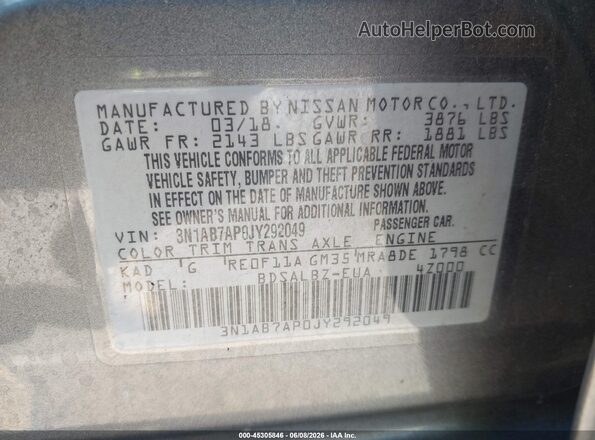 3N1AB7AP0JY292049 2018 NISSAN SENTRA Gray ძრავის განყოფილების ხედი