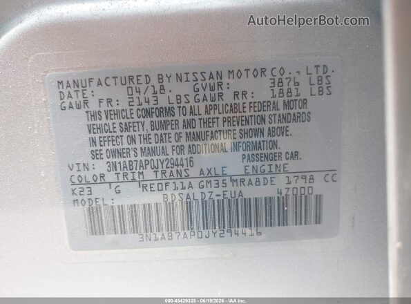 3N1AB7AP0JY294416 2018 NISSAN SENTRA Silver Widok komory silnika