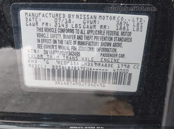 3N1AB7AP0JY342495 2018 NISSAN SENTRA Black Vista del compartimento del motor