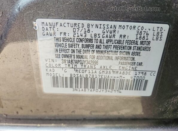 3N1AB7AP0JY342996 2018 NISSAN SENTRA Серый Вид наклейки с VIN-кодом