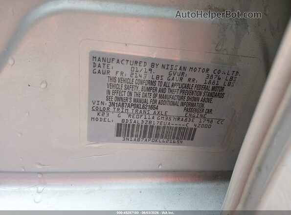 3N1AB7AP0KL621654 2019 NISSAN SENTRA Silver Շարժիչի բաժամունքի տեսք
