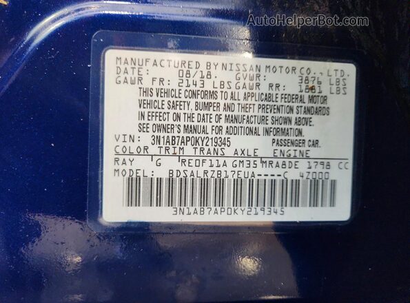 3N1AB7AP0KY219345 2019 NISSAN SENTRA Blue 