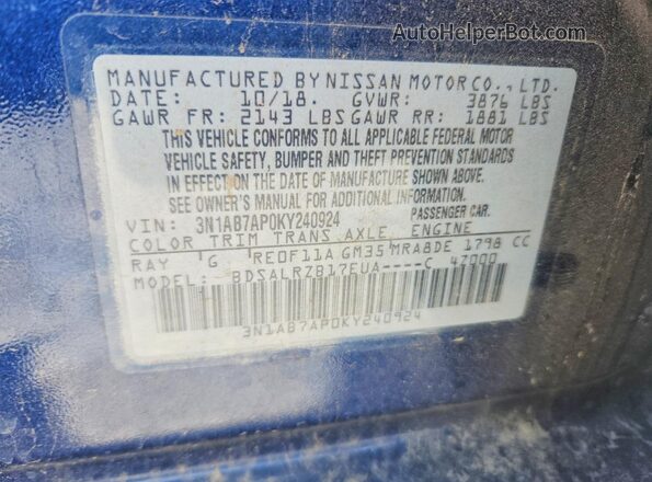 3N1AB7AP0KY240924 2019 NISSAN SENTRA Blue Vista del compartimento del motor