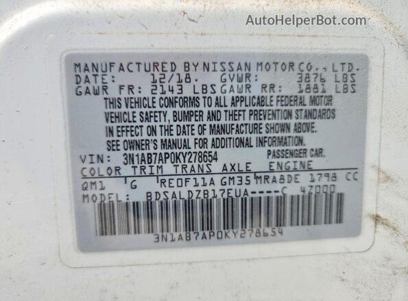 3N1AB7AP0KY278654 2019 NISSAN SENTRA White Vista del compartimento del motor