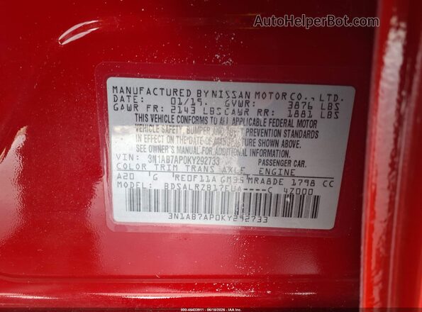 3N1AB7AP0KY292733 2019 NISSAN SENTRA Red Vista del compartimento del motor