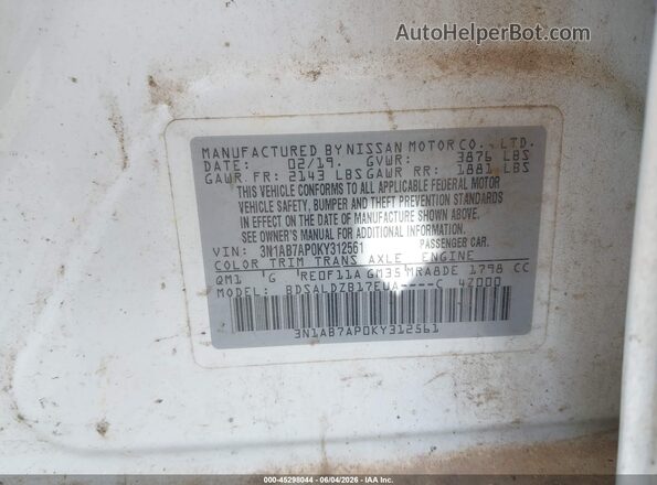 3N1AB7AP0KY312561 2019 NISSAN SENTRA White Engine compartment view