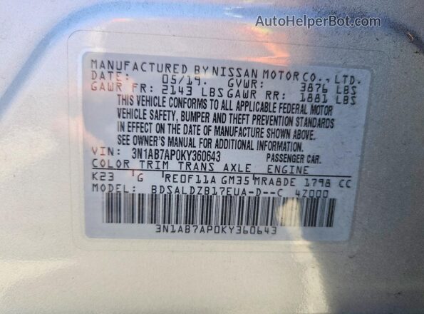 3N1AB7AP0KY360643 2019 NISSAN SENTRA Серебряный Вид подкапотного пространства