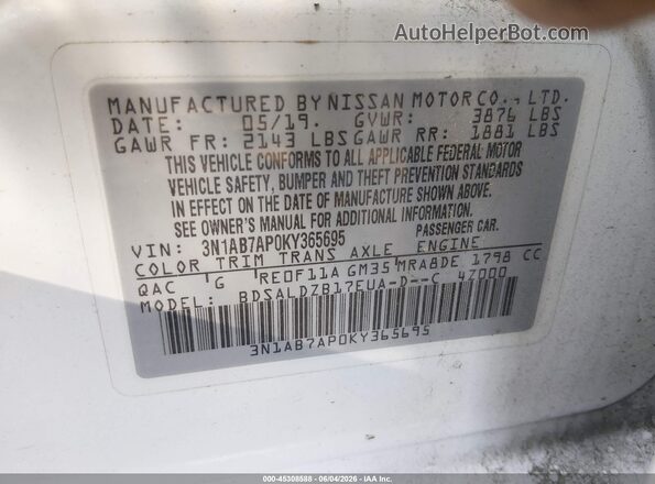3N1AB7AP0KY365695 2019 NISSAN SENTRA White ძრავის განყოფილების ხედი