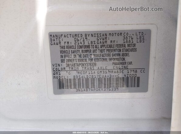 3N1AB7AP0KY376339 2019 NISSAN SENTRA White Շարժիչի բաժամունքի տեսք