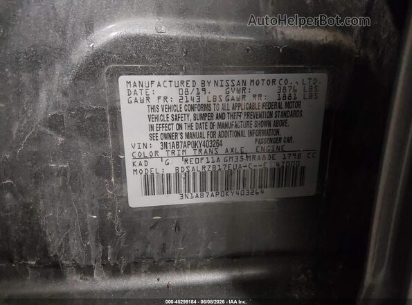 3N1AB7AP0KY403264 2019 NISSAN SENTRA Золотой Вид подкапотного пространства