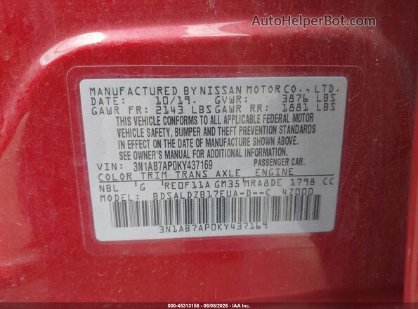 3N1AB7AP0KY437169 2019 NISSAN SENTRA Red 